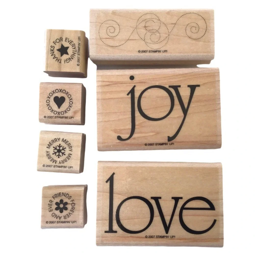 Stampin’ Up! Wooden Rubber Stamp Set of 7 Love Joy Thanks Friends Merry XOXO